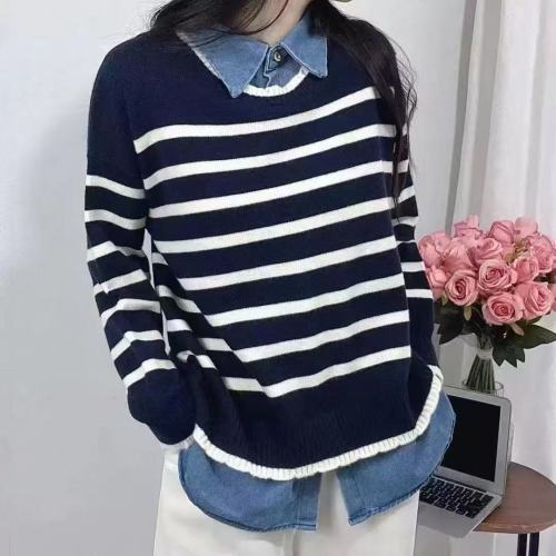 Jeans patchwork faux two-piece striped sweater for women layered with knitted base shirt DLZMY9300