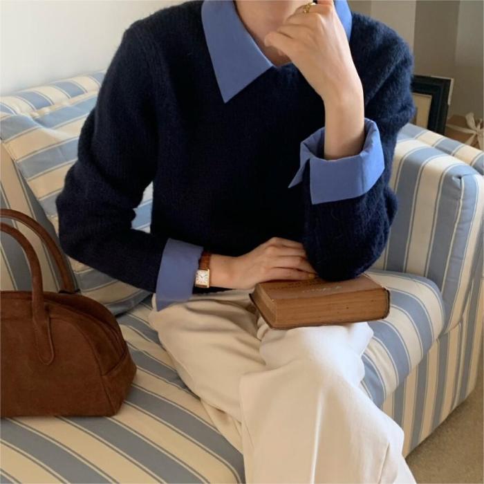 New style button-down pullover sweater for autumn and winter as a base layer, with two-piece appearance and hooded design.   DLZMY2503