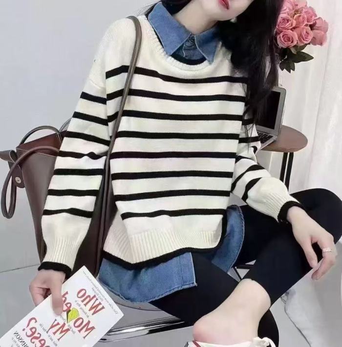 Jeans patchwork faux two-piece striped sweater for women layered with knitted base shirt DLZMY9300