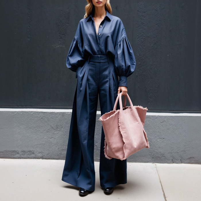 Long-sleeved shirt and wide-leg pants in cotton and linen set  DLZTZ9506S