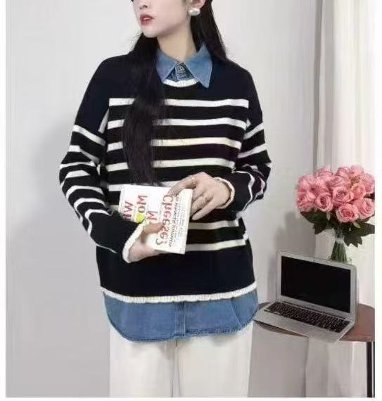 Jeans patchwork faux two-piece striped sweater for women layered with knitted base shirt DLZMY9300