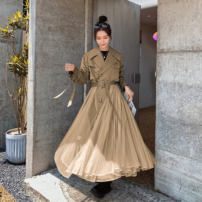  Mesh Splicing Windbreaker For Women Lapel Long Sleeves Irregular Belt Trench Coat 2025 Spring Fashion Clothing 2DA8385