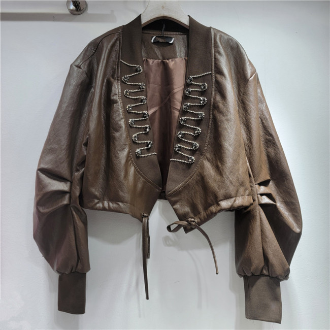 Heavy-duty beaded and diamond-studded design of American retro V-neck slimming jacket and leather coat with textured pleated outerwear  DLZWT2201