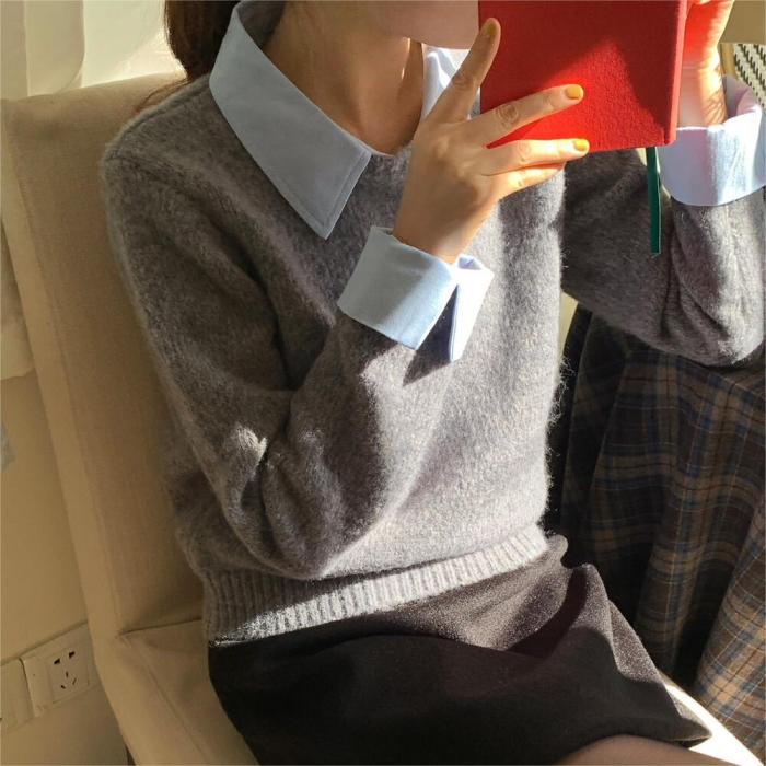 New style button-down pullover sweater for autumn and winter as a base layer, with two-piece appearance and hooded design.   DLZMY2503