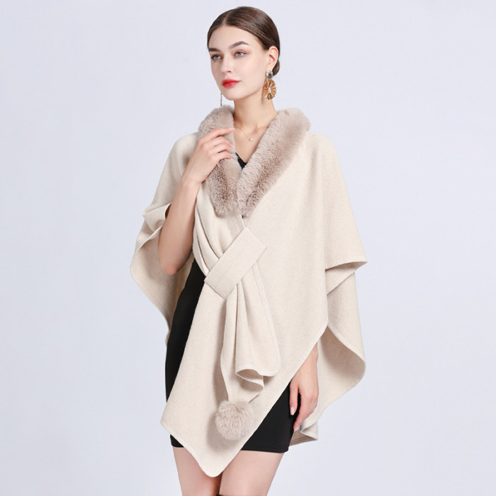New style faux mink fur collar cape shawl women's loose knitted cardigan large size woolen coat DLZ83812