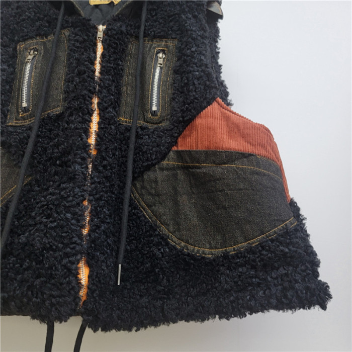Waistcoat Patchwork Zippers Design Faux Lamb Fur Short Style Loose Hooded Vest  New Winter Fashion  DLZMJ5301