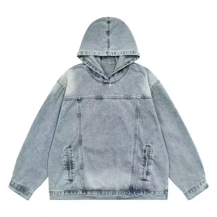 American-style street retro washed crew-neck hooded loose-fitting denim pullover jacket DKLNZ1205M