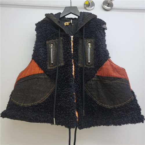 Waistcoat Patchwork Zippers Design Faux Lamb Fur Short Style Loose Hooded Vest  New Winter Fashion  DLZMJ5301