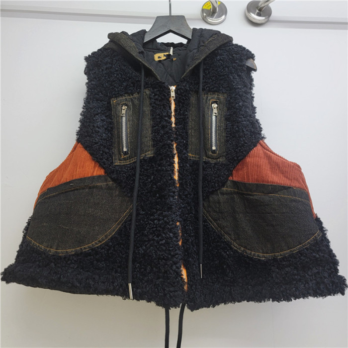 Waistcoat Patchwork Zippers Design Faux Lamb Fur Short Style Loose Hooded Vest  New Winter Fashion  DLZMJ5301