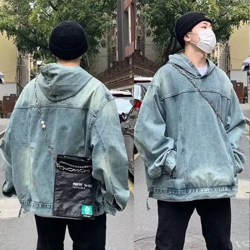 American-style street retro washed crew-neck hooded loose-fitting denim pullover jacket DKLNZ1205M