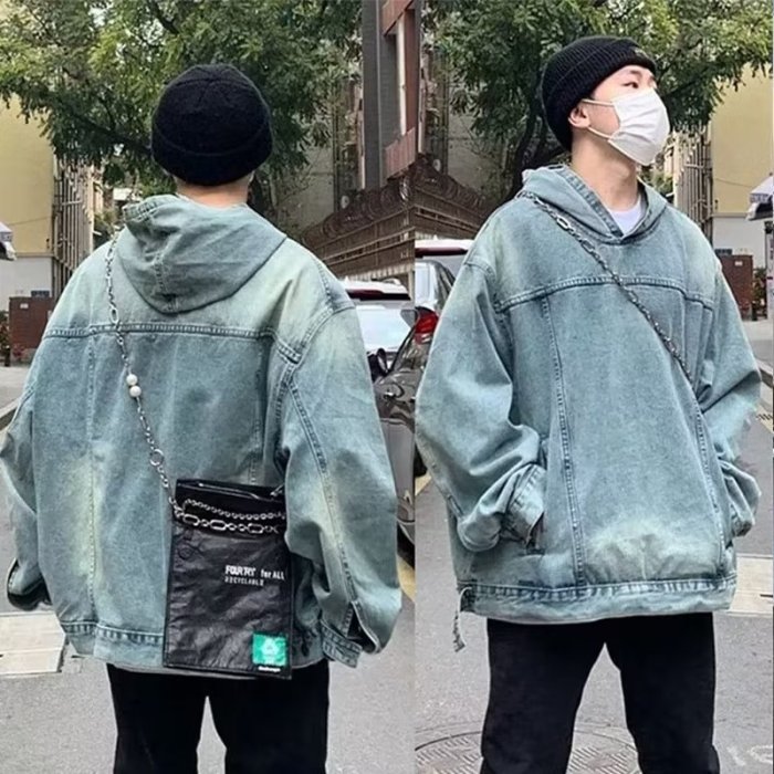 American-style street retro washed crew-neck hooded loose-fitting denim pullover jacket DKLNZ1205M