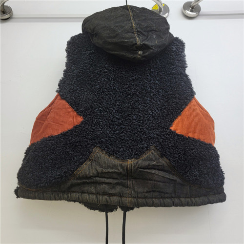 Waistcoat Patchwork Zippers Design Faux Lamb Fur Short Style Loose Hooded Vest  New Winter Fashion  DLZMJ5301