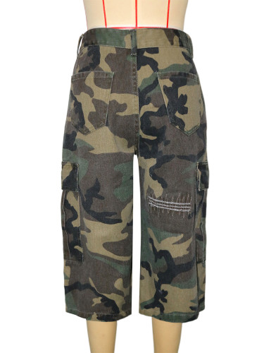 American-style  hot girl  style street camouflage workwear mid-calf pants for women - distressed and vintage wide-leg five-inch pants - super cool  DLZMC1209