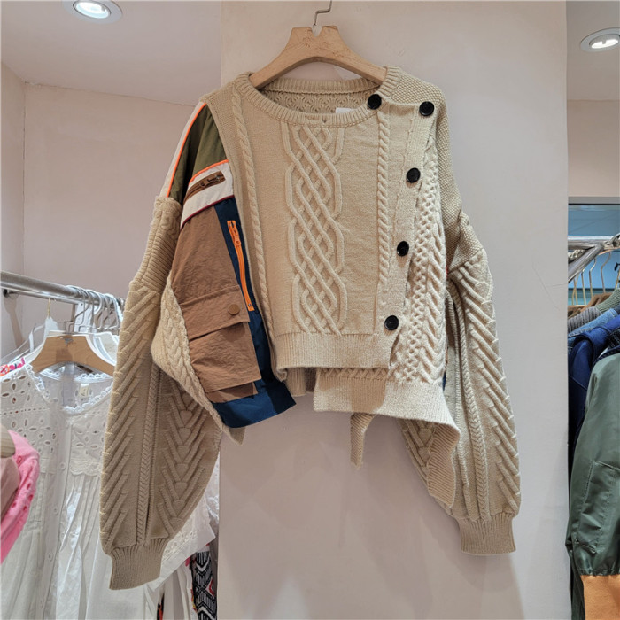 Contrast Color Single Breasted Plaid Stripe Cardigan Warm Sweater Coat Outerwear Woman  DLZMY58304