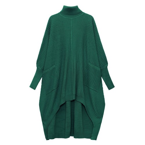  Women Blue Irregular Back Long Big Size Knitting Dress New Turtleneck Long Sleeve Fashion Tide Spring Autumn   DLZ58501