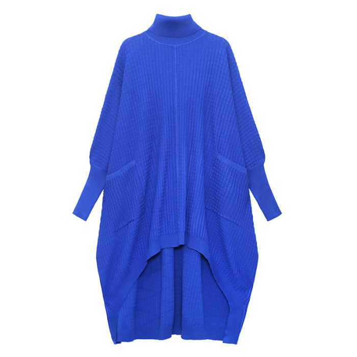  Women Blue Irregular Back Long Big Size Knitting Dress New Turtleneck Long Sleeve Fashion Tide Spring Autumn   DLZ58501