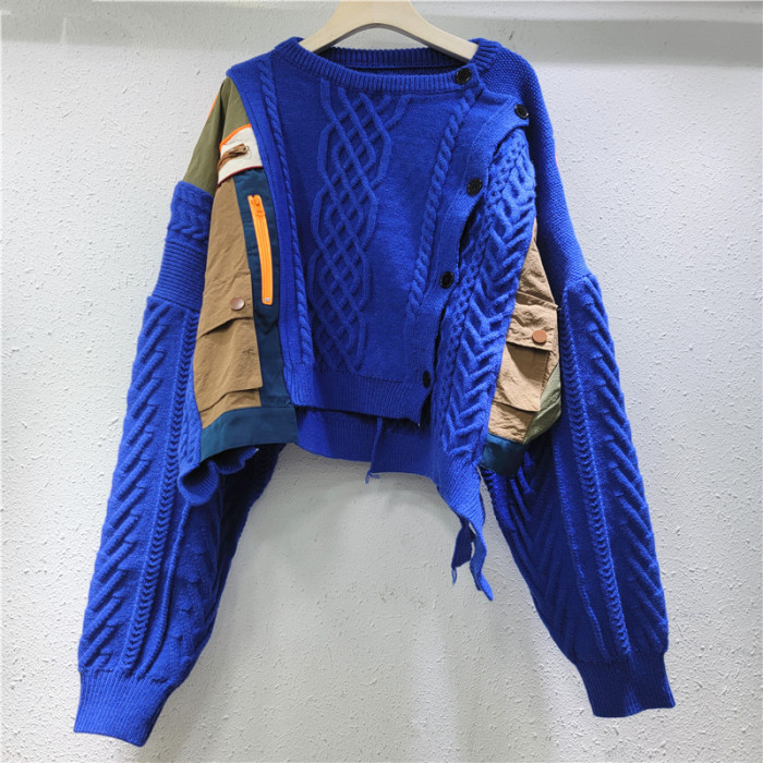 Contrast Color Single Breasted Plaid Stripe Cardigan Warm Sweater Coat Outerwear Woman  DLZMY58304