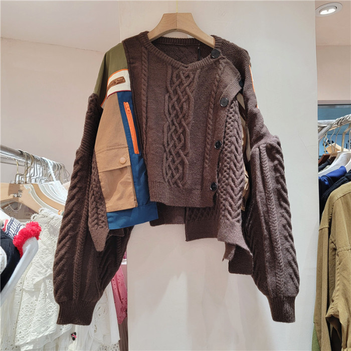 Contrast Color Single Breasted Plaid Stripe Cardigan Warm Sweater Coat Outerwear Woman  DLZMY58304