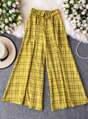 Design-inspired flared high-waisted slim-fit checkered casual wide-leg loose pants  WQ21521107S