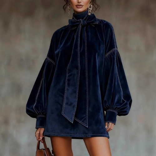 American Retro High Collar Lantern Sleeve Long Sleeve Bow Tie Elegant Velvet Women Mini Dresses Casual Autumn High Street Dress  DLZSY17S