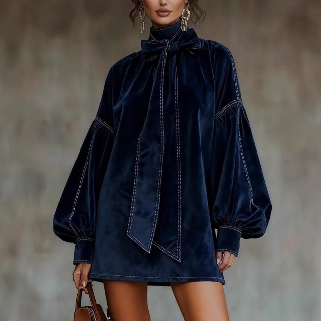 American Retro High Collar Lantern Sleeve Long Sleeve Bow Tie Elegant Velvet Women Mini Dresses Casual Autumn High Street Dress  DLZSY17S