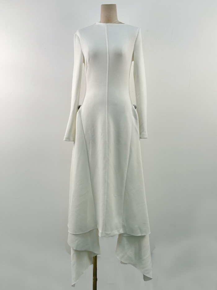 Dress Skew Collar Long Sleeves Waist Retraction Solid Color Asymmetric Hem Women's Dresses 13DL79900