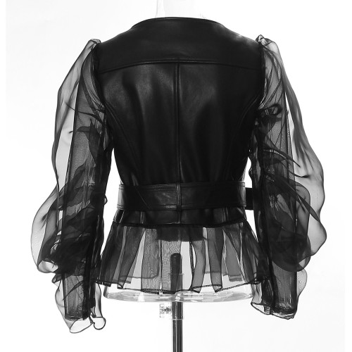 Loose Fit Black Pu Leather Mesh Elegant Jacket New Lapel Long Sleeve Women Coat Fashion Tide Spring Autumn  DLZYT8501S
