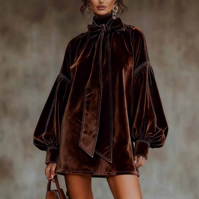 American Retro High Collar Lantern Sleeve Long Sleeve Bow Tie Elegant Velvet Women Mini Dresses Casual Autumn High Street Dress  DLZSY17S