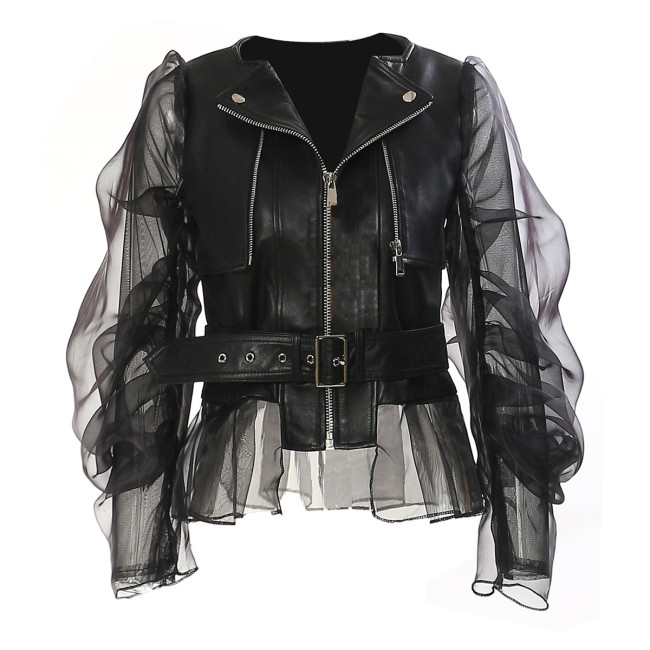 Loose Fit Black Pu Leather Mesh Elegant Jacket New Lapel Long Sleeve Women Coat Fashion Tide Spring Autumn  DLZYT8501S