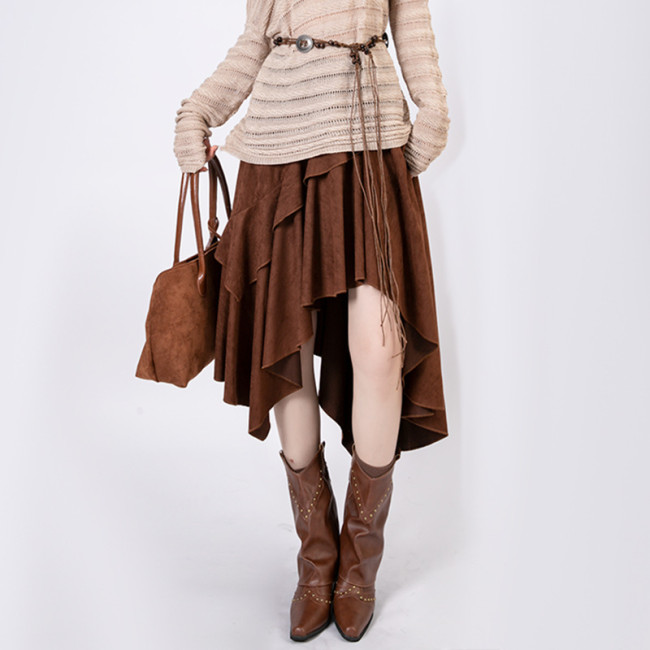 Irregular High Waist Banded Hide Leather Velvet Midi Skirt Women's Autumn Winter New Versatile A- Line Mini Skirt Street Trend  DLZBS004M