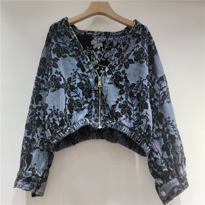 Heavy Industry Jacquard Fashion Versatile Style V-Neck Zipper Jacket DLZWT005