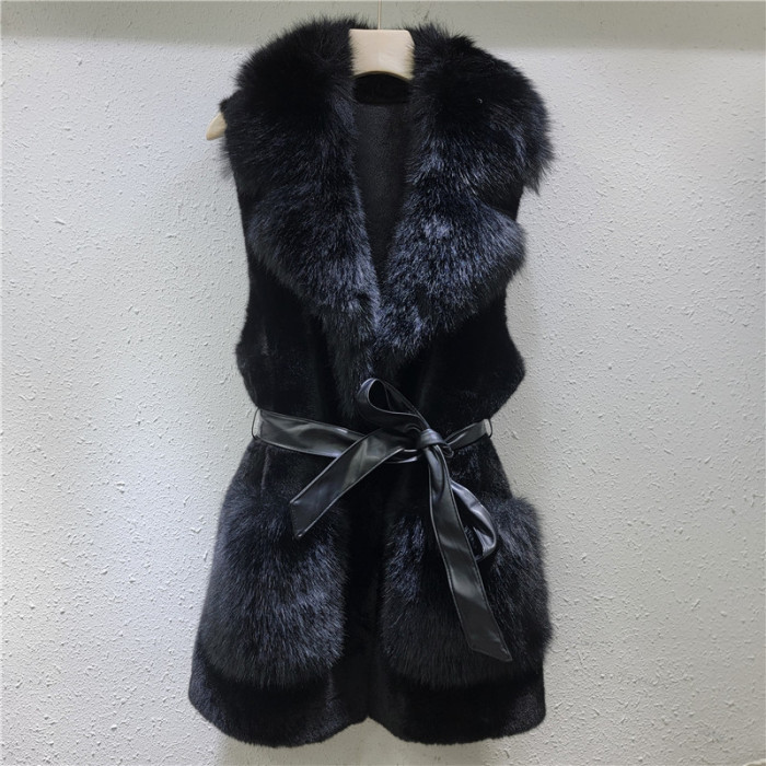 Women's mid-length collarless belted pocket faux mink fur coat DLZMA1201