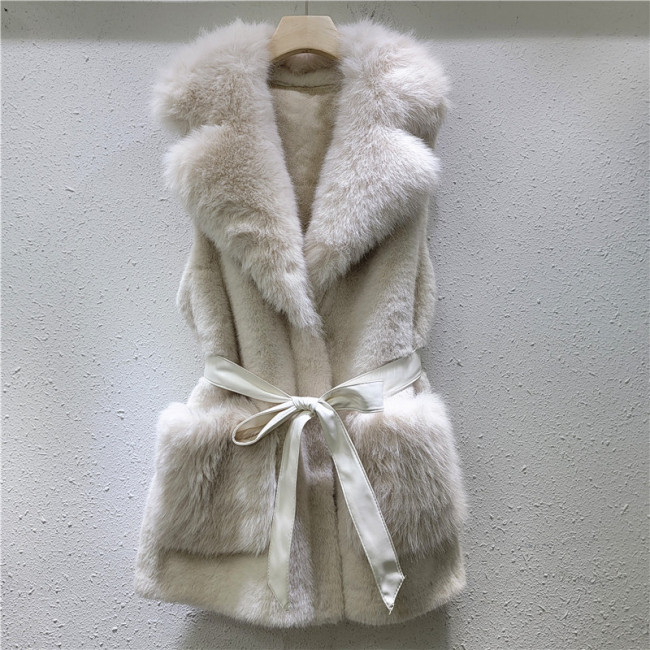 Women's mid-length collarless belted pocket faux mink fur coat DLZMA1201
