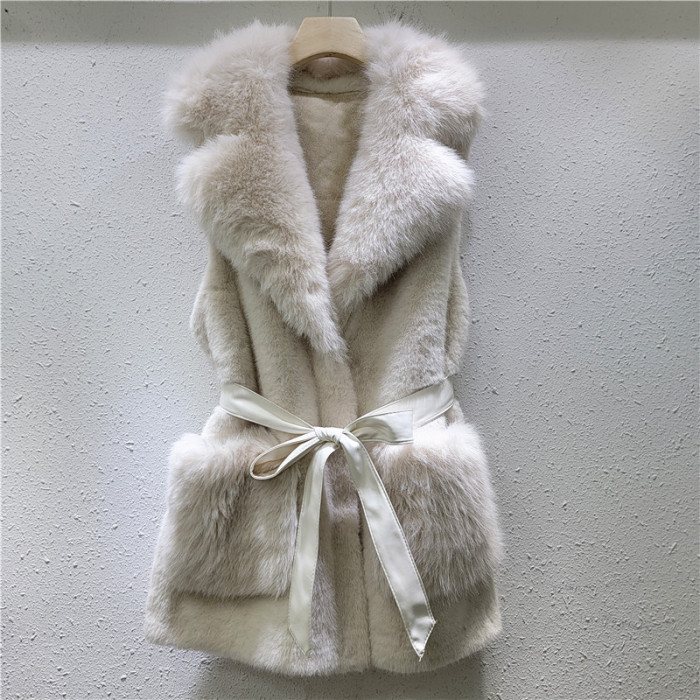 Women's mid-length collarless belted pocket faux mink fur coat DLZMA1201