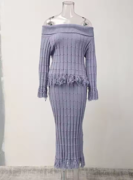 Fashion Purple 2 Pcs Set Women's Knitted Slask Neck Pullover Tassel Hem High Waist Hip Wrapping Skirt Suit New CPDB09814M