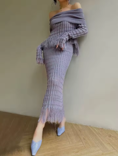 Fashion Purple 2 Pcs Set Women's Knitted Slask Neck Pullover Tassel Hem High Waist Hip Wrapping Skirt Suit New CPDB09814M