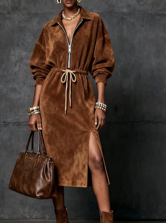 Velvet fashion high-neck long-sleeved zipper dress with belt for women  DLZFY1216S