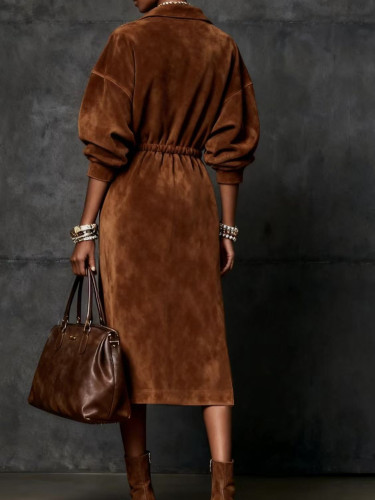 Velvet fashion high-neck long-sleeved zipper dress with belt for women  DLZFY1216S