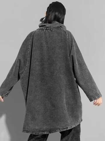 Loose Fit Black Denim Big Size Sweatshirt New High Collar Long Sleeve Women Big Size Fashion Spring Autumn 2026 1K166