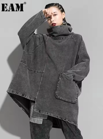 Loose Fit Black Denim Big Size Sweatshirt New High Collar Long Sleeve Women Big Size Fashion Spring Autumn 2026 1K166