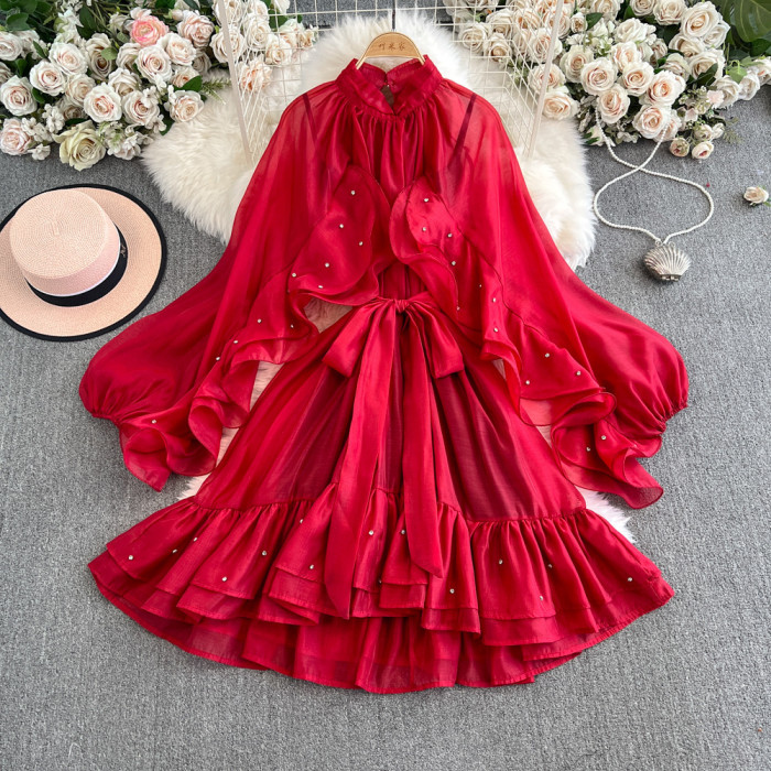 Lace-edged lantern-sleeve beaded dress for women with adjustable ties for a slimming effect, a mini chiffon mid-length skirt   DLZ260103