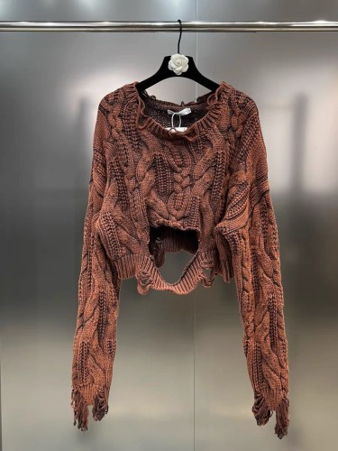 Spring Women's Knit Sweater Hollow Out Wash Hole Loose High Street Round Neck Long Sleeve Pattern Pullover  DLZ202609M