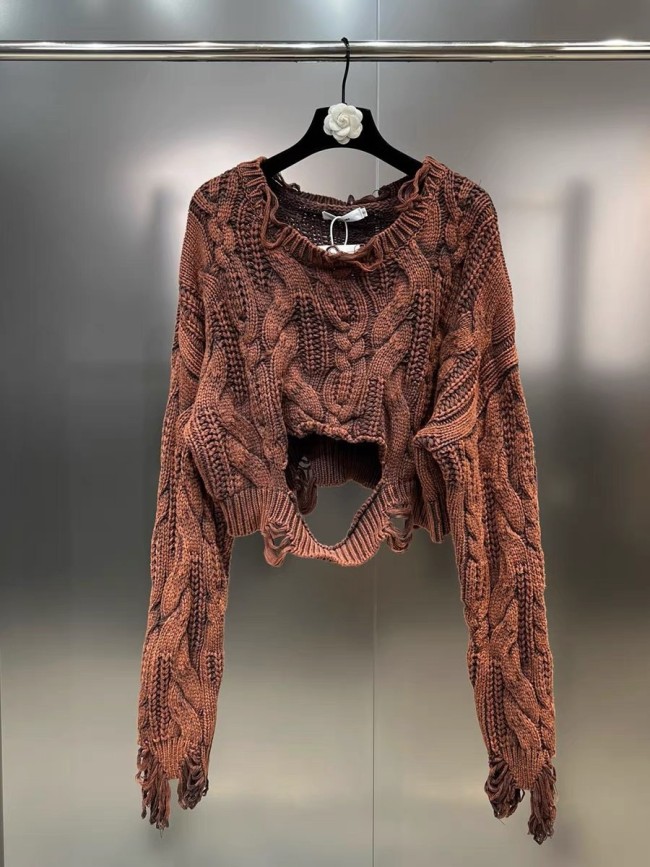 Spring Women's Knit Sweater Hollow Out Wash Hole Loose High Street Round Neck Long Sleeve Pattern Pullover  DLZ202609M