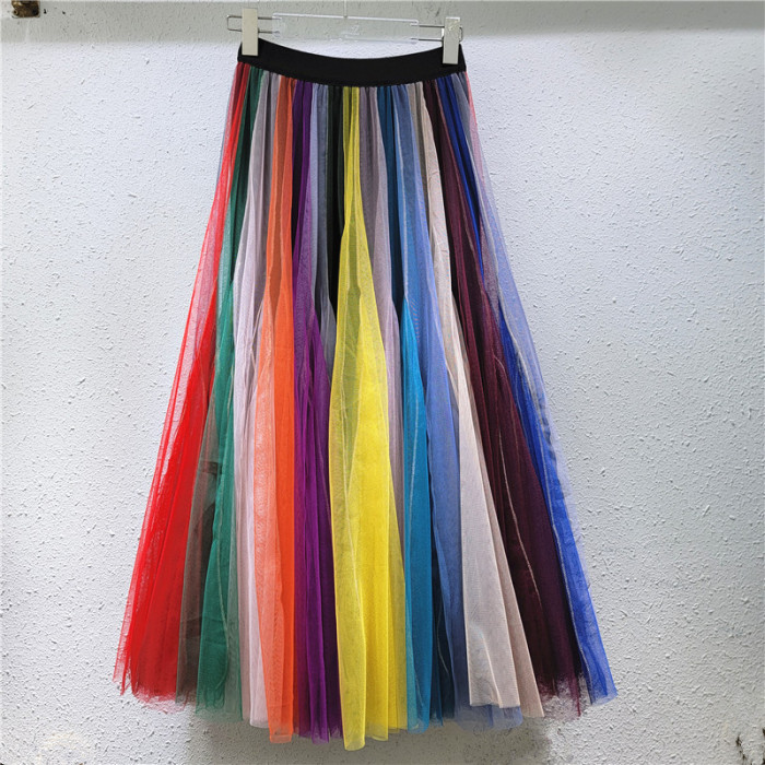 Rainbow-colored gradient stitched super beautiful multi-color net-silk full-length pleated skirt half-length dress  DLZ26009