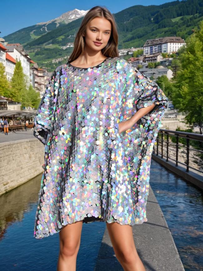 Round-neck sequined patchwork dress  WQ2072710