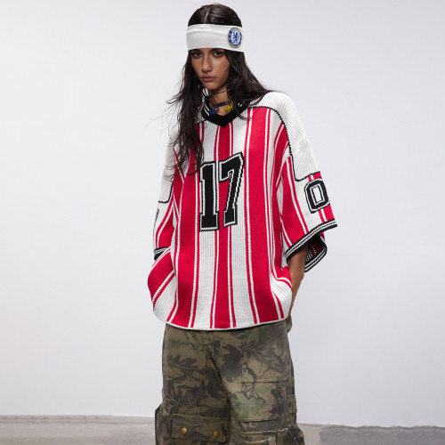ew American Baseball Sports Knitted Sweater High Street Half Sleeve Striped Design V-neck Tops Trendy  DLZ522703M