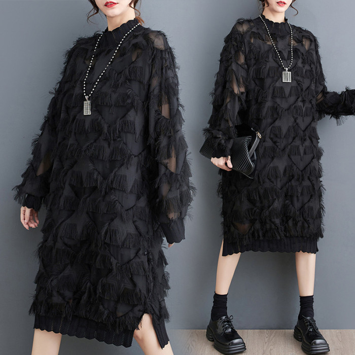 Suzelles irregular lace V-neck long and loose-fitting elegant dress DLZ874101