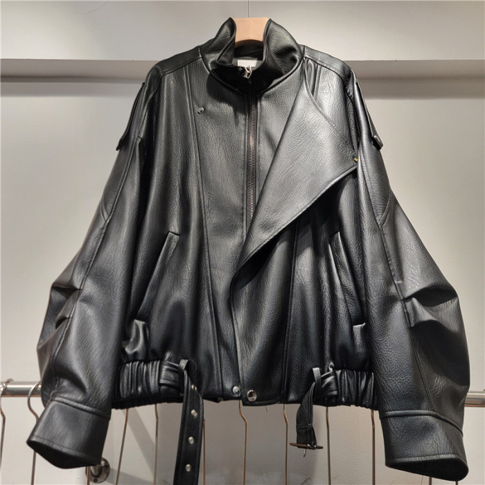 New style stand-up collar loose BF motorcycle-style PU dark brown leather jacket DLZ26N0101M