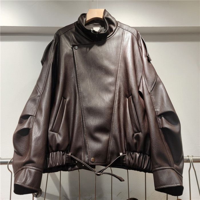 New style stand-up collar loose BF motorcycle-style PU dark brown leather jacket DLZ26N0101M