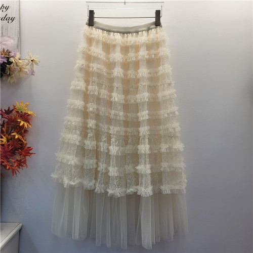Lace-embroidered wooden ear detail puffy cake-style skirt half-dress DLZ26N1012